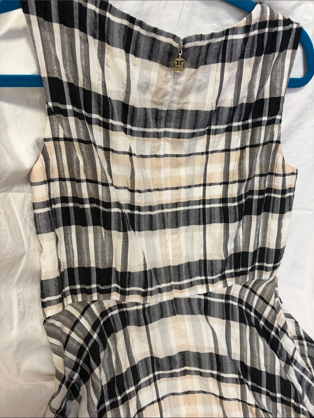 Tommy Hilfiger Black and Cream Plaid Sleeveless Fit-and-Flare Dress